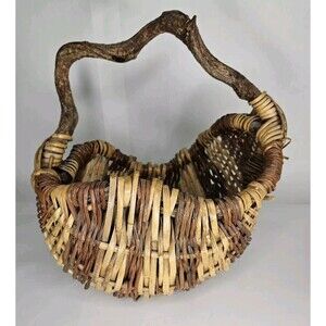 Primitive Eye of God Wicker Basket  Bent Tree Branch Handle Hand Woven
